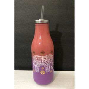Pink Purple Glass bottle with lid and straw Elephant India Design Yoga Meditate
